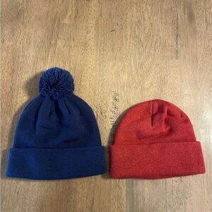 Lot Of 2 Mens Winter Hats Beanies One Size Fits All, Navy With Puff Ball And Red